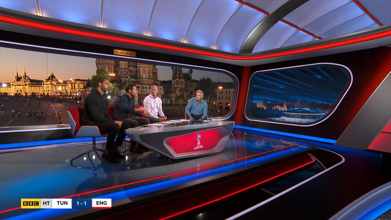Virtual Set and virtual windows, designed and built for BBC Sports World Cup 2018 Studio